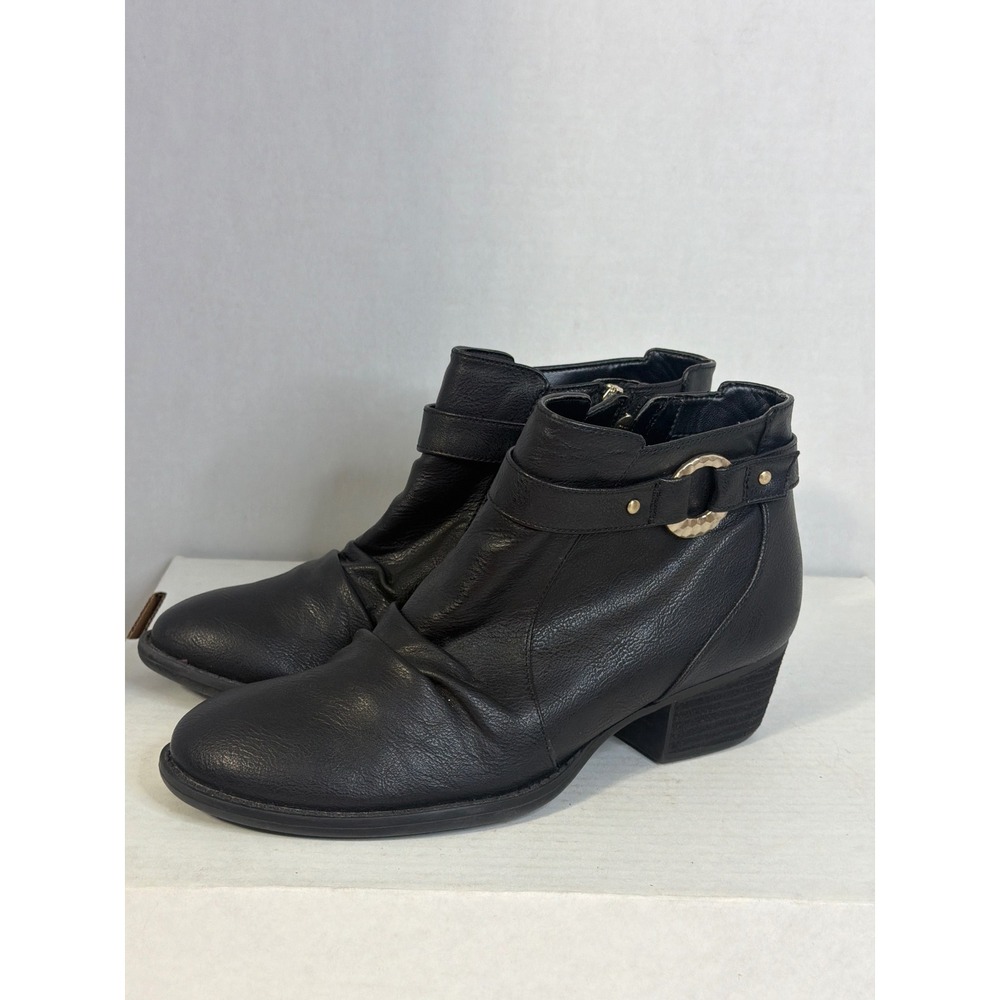 Dr. Scholls Janessa Black Ruched Ankle Boots Gold Ring Strap Block Heel 10M